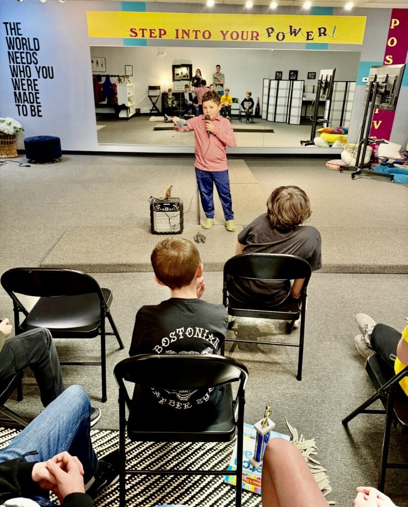 A boy practicing public speaking at Fearless Focus in Pembroke, MA